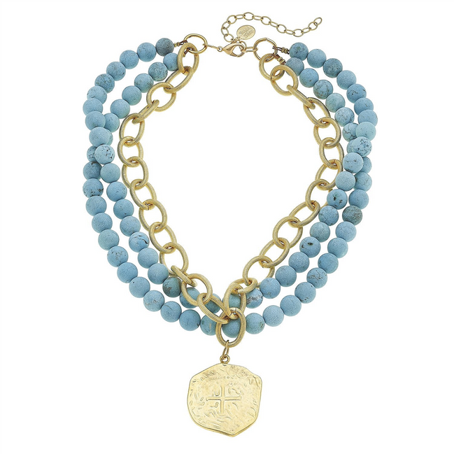 Susan Shaw Multi Strand Turquoise + Coin Necklace