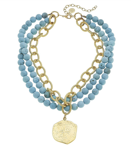Susan Shaw Multi Strand Turquoise + Coin Necklace