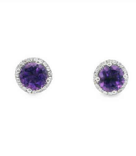 14K White Gold Diamond And Amethyst Halo Earrings