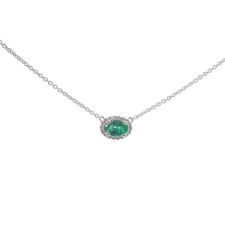 18K White Gold Emerald East/West Diamond Pendant Necklace