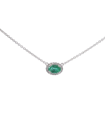 18K White Gold Emerald East/West Diamond Pendant Necklace
