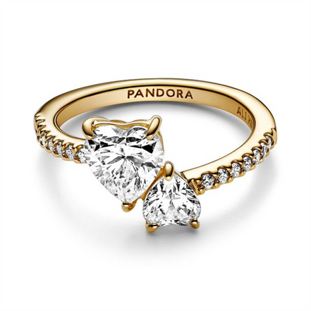 Pandora Timeless Gold Plated Double Heart Sparkling Ring Size 5