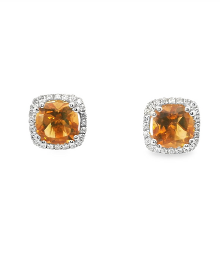 14K Gold Diamond And Citrine Halo Earrings