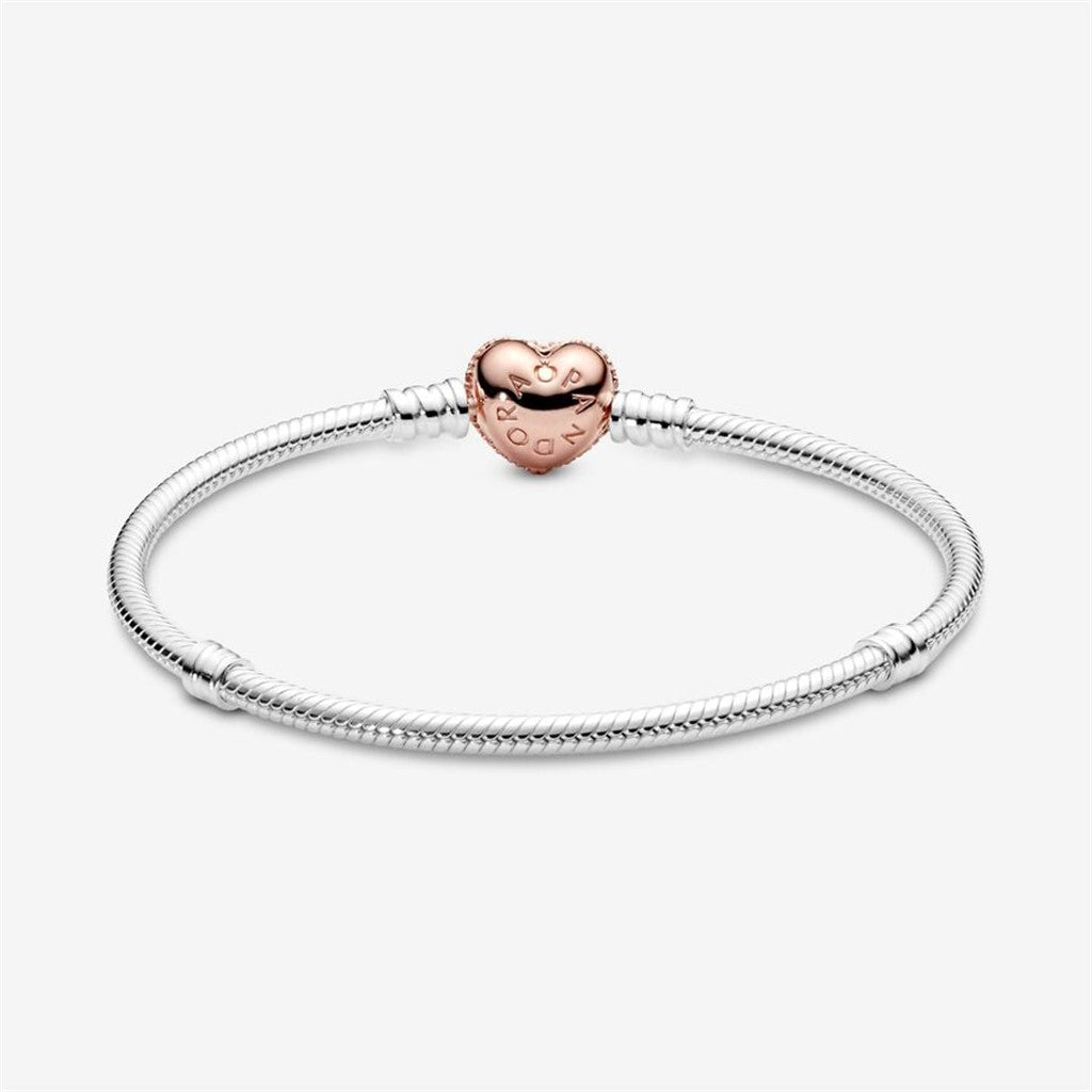 Pandora Moments Pave' Heart Clasp Snake Chain Bracelet Size 17