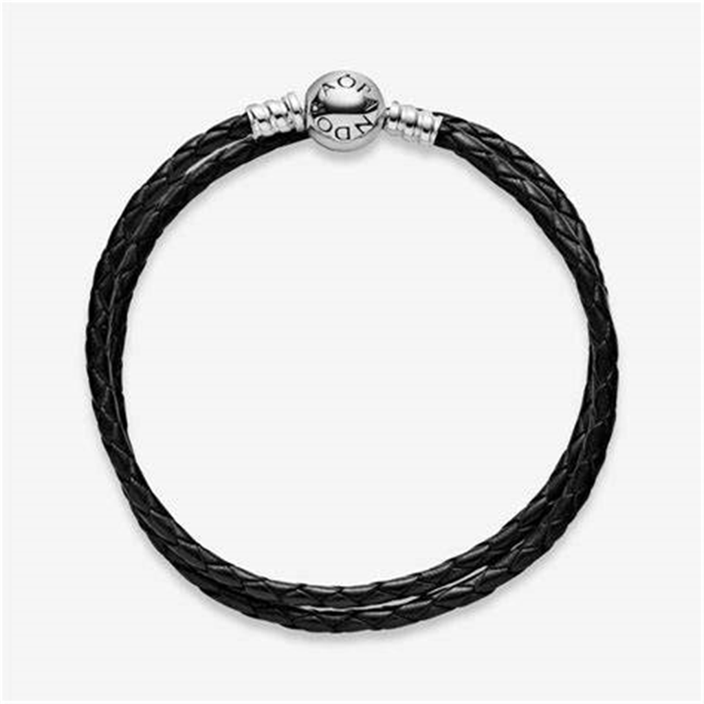 Pandora Moments Black Braided Double-Leather Charm Bracelet Size D2