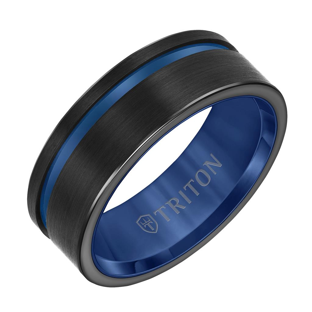 Triton Blue and BlackTungsten Carbide Satin Finish Contemporary Wedding Band Size 10