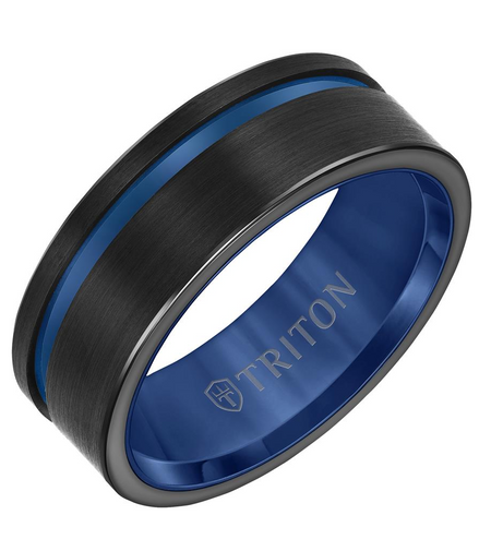 Triton Blue and BlackTungsten Carbide Satin Finish Contemporary Wedding Band Size 10
