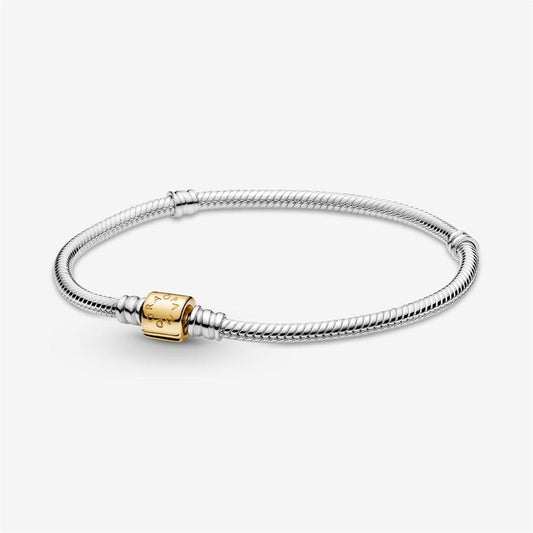 Pandora Moments Sterling Silver And 14K Gold Barrel Clasp Snake Chain Bracelet Size 19