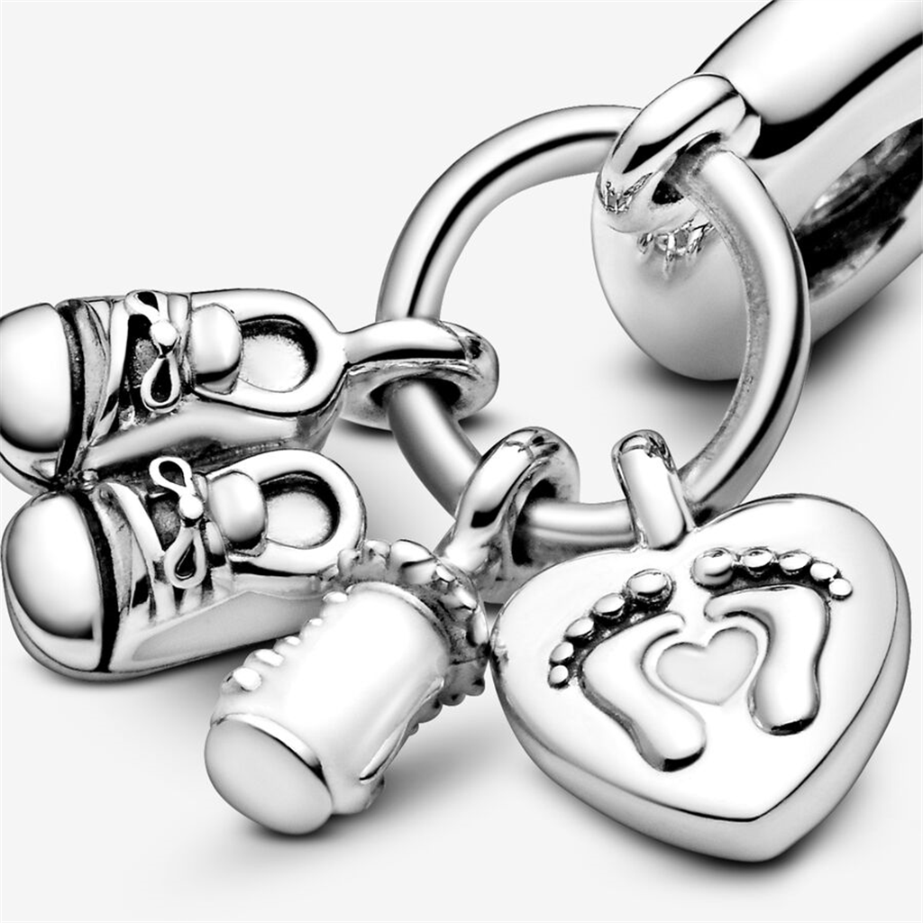 Pandora Moments Shoes, Baby Bottle And Heart Silver Dangle