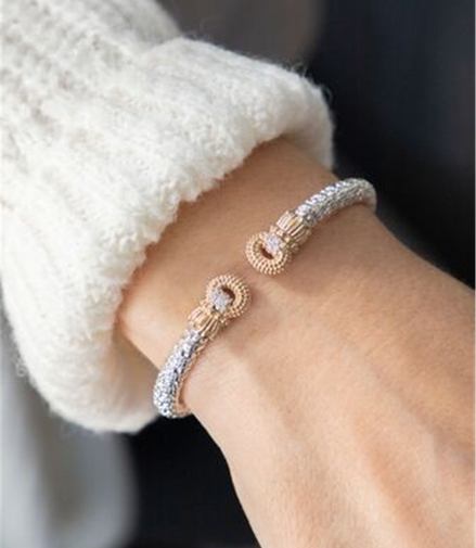 Vahan 14K Gold And Sterling Silver 4mm Diamond Beaded Open Cuff Bangle