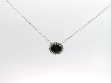 14K White Gold Sapphire and Diamond Oval Shaped East/West Pendant Necklace