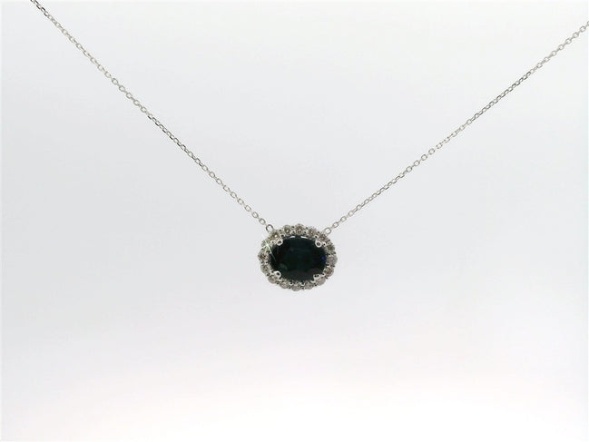 14K White Gold Sapphire and Diamond Oval Shaped East/West Pendant Necklace