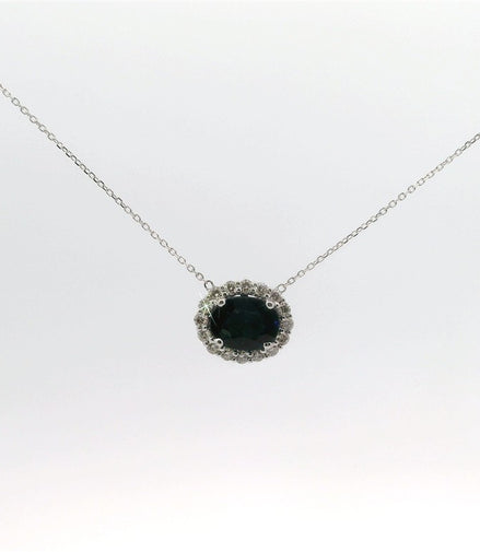 14K White Gold Sapphire and Diamond Oval Shaped East/West Pendant Necklace