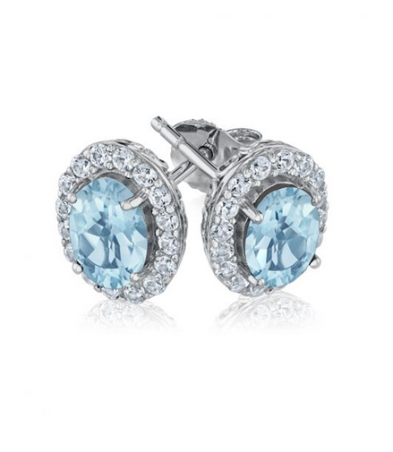 Ladies 14K White Gold Oval Blue Topaz & Diamond Earrings