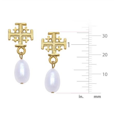 Susan Shaw Triple Gold Plated Jerusalem Cross Drop Pearl Earrings