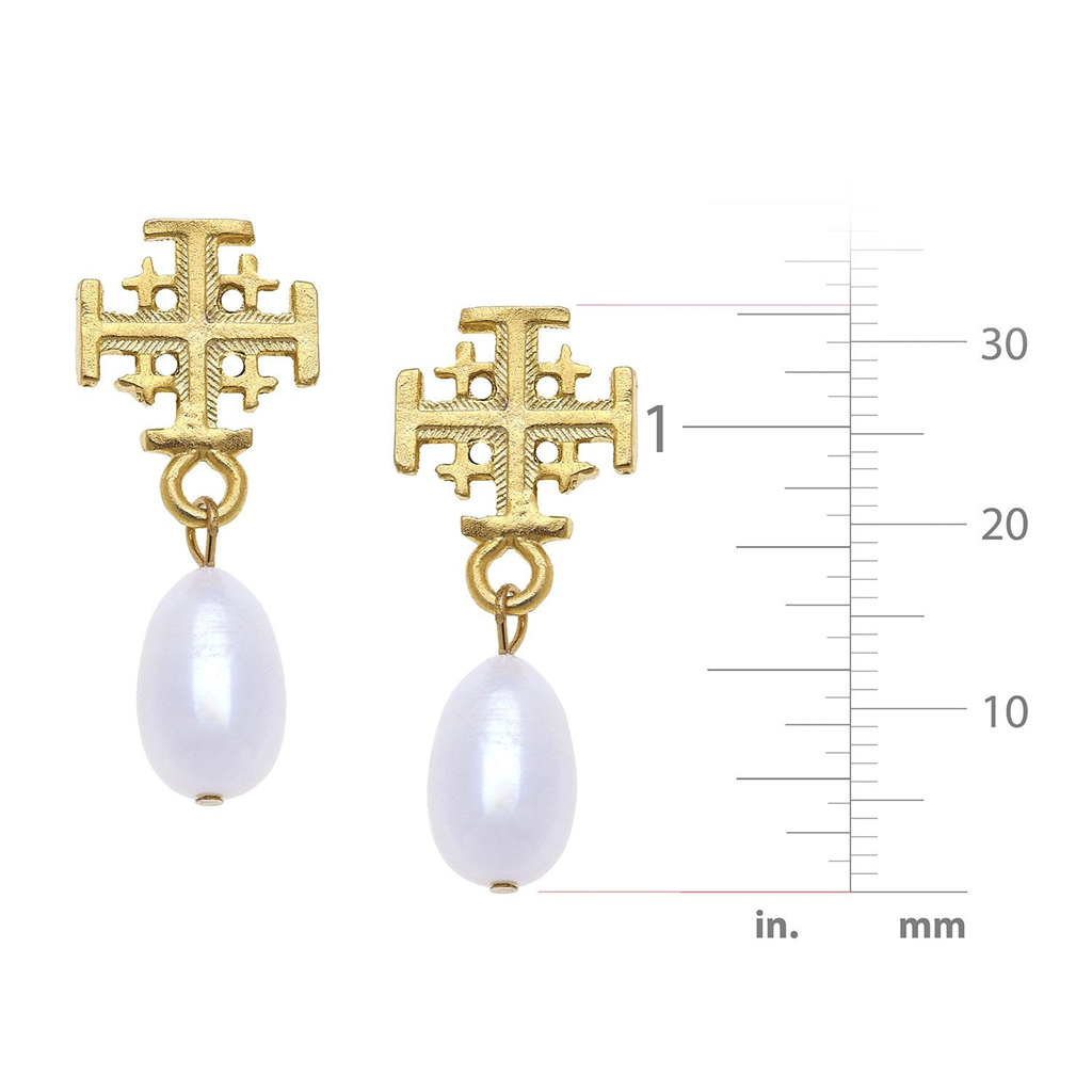 Susan Shaw Triple Gold Plated Jerusalem Cross Drop Pearl Earrings