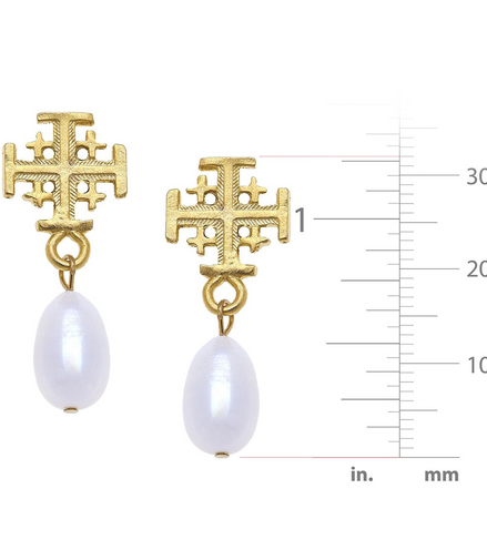 Susan Shaw Triple Gold Plated Jerusalem Cross Drop Pearl Earrings