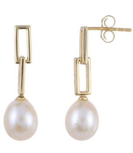14K Yellow Gold Freshwater Pearl Paperclip Dangle Drop Earrings