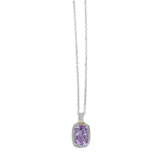 Ladies 18K Gold, Silver And Amethyst Pendant on Diamond Cut Oval Chain