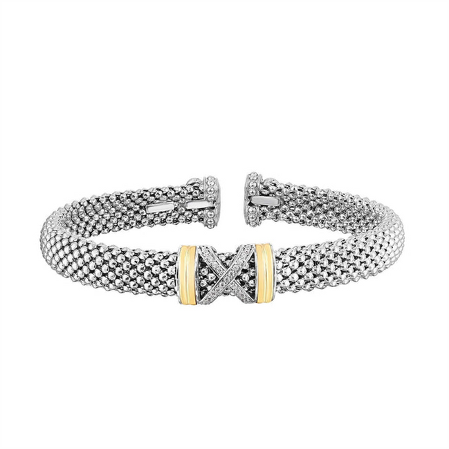 Phillip Gavriel Silver And 18K Gold Diamond Popcorn X Cuff Bangle Bracelet