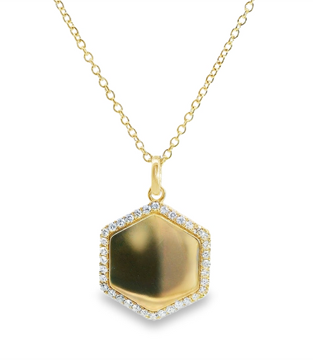 14K Yellow Gold Engravable Hexagon Diamond Pendant Necklace