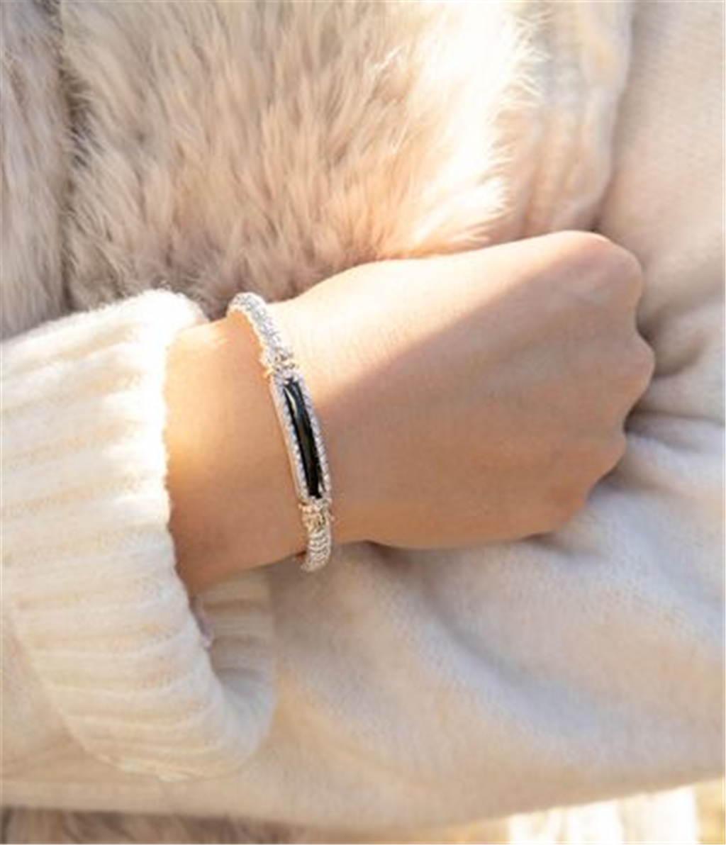 Vahan 14K Gold And Sterling Silver Black Onxy And Diamond 4mm Closed Bracelet