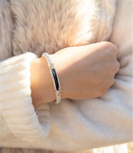 Vahan 14K Gold And Sterling Silver Black Onxy And Diamond 4mm Closed Bracelet