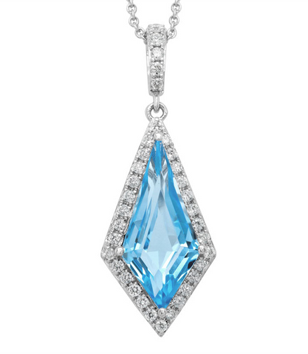 Artisty 14K White Gold Blue Topaz and Diamond Kite Shaped Pendant Necklace
