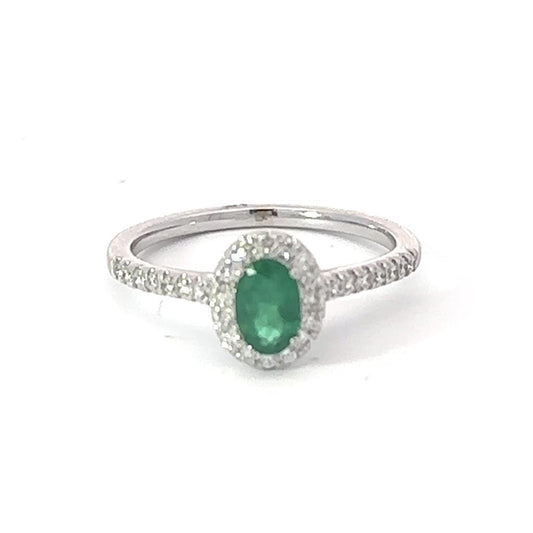 Oval Emerald and Diamond Ring 14k White Gold