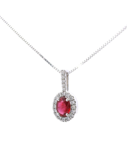 14K White Gold Ruby & Diamond Pendant Necklace