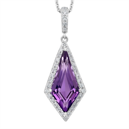 14K White Gold Amethyst And Diamond Kite Shaped Pendant Necklace