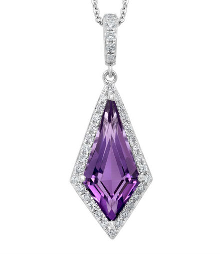 14K White Gold Amethyst And Diamond Kite Shaped Pendant Necklace