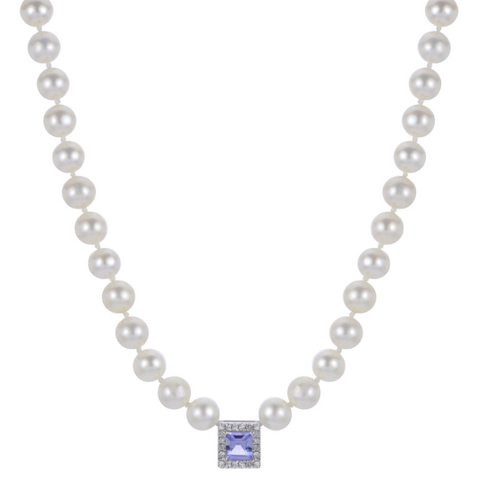 Imperial Pearl Ladies 14K White Gold Freshwater Pearl, Tanzanite And Diamond Necklace