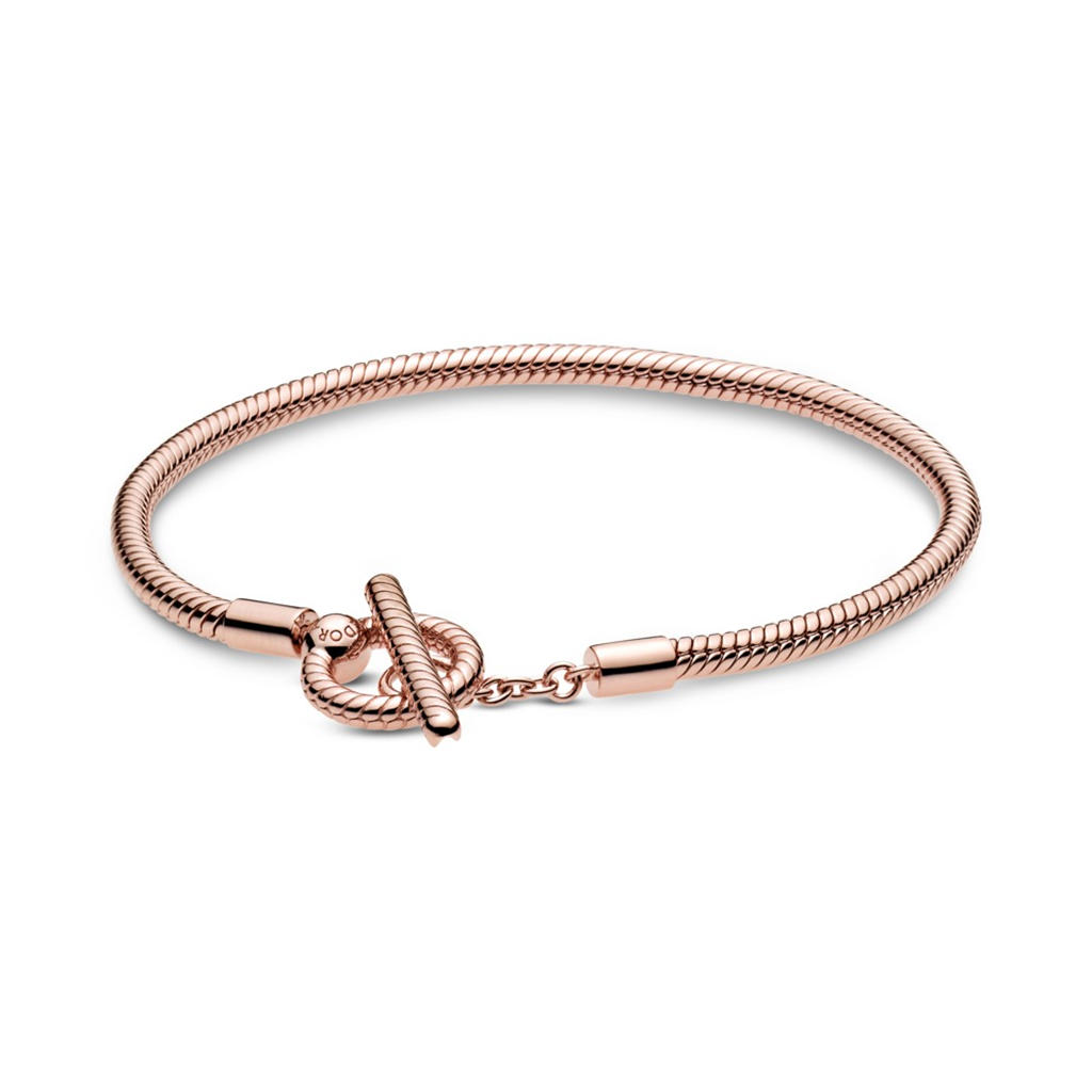 Pandora Moments Rose T-Bar Snake Chain Charm Bracelet Size 17