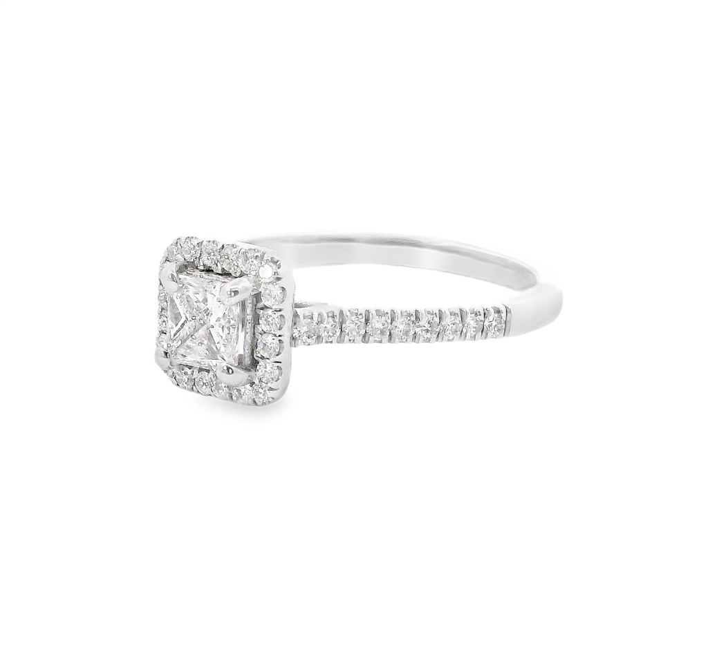 14K White Gold 0.78 CTW Diamond Princess Cut With Halo Engagement Ring