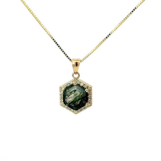 Ladies 14K Gold And Green Moss Agate Hexagon Pendant Necklace