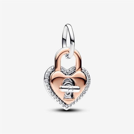 Pandora Moments Two-tone Twistable Heart Padlock Double Dangle Charm
