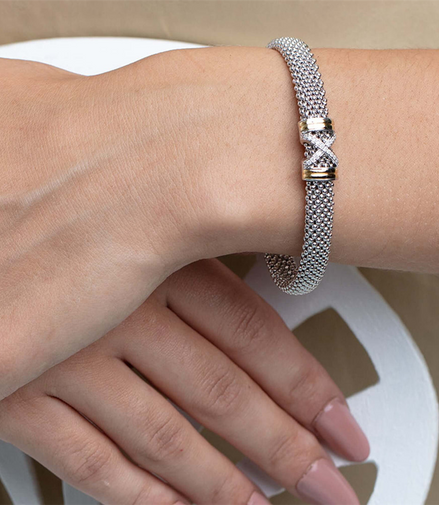 Phillip Gavriel Silver And 18K Gold Diamond Popcorn X Cuff Bangle Bracelet