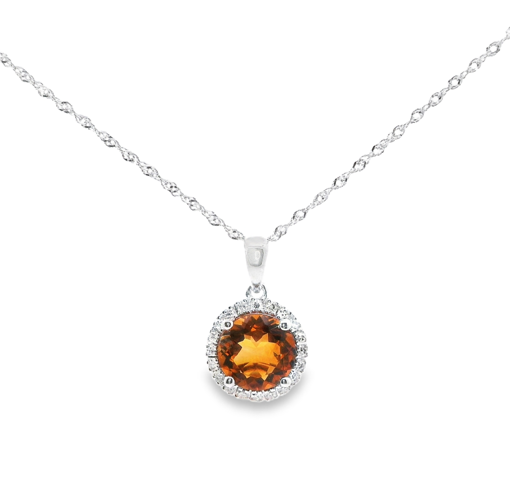 14K White Gold Diamond And Citrine Pendant Necklace