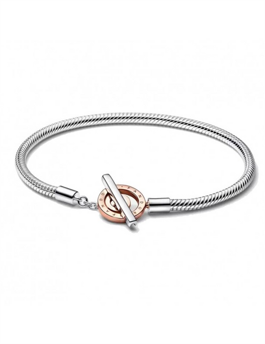 Pandora Signature Two-Tone Logo T-Bar Snake Chain Bracelet Size 19