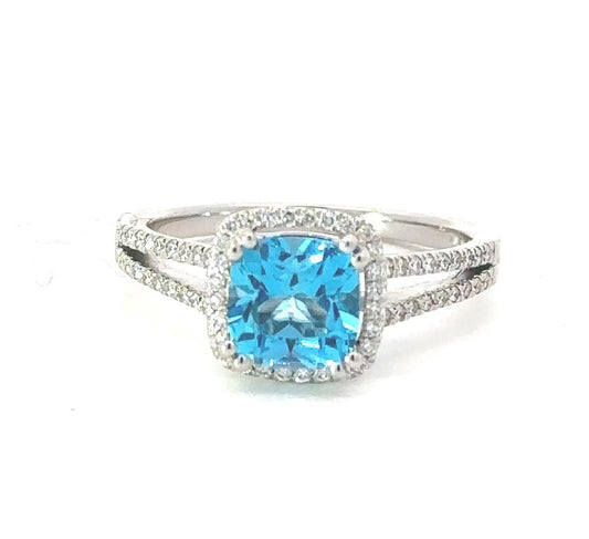 14Kw .25Ct Diamond 1.74Ct Aa Blue Topaz Cushion Cut Ring