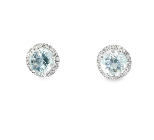 14K White Gold Diamond And Aquamarine Round Halo Earrings