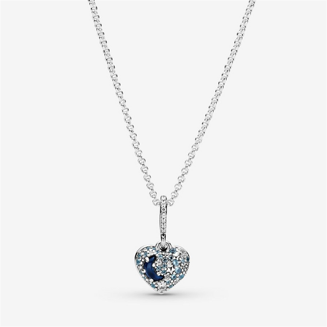 Pandora Sparkling Blue Moon & Stars Heart Necklace 50"