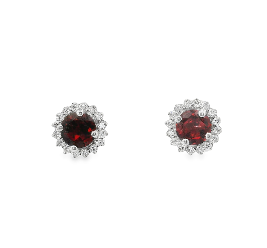 Ladies 14K White Gold Garnet And Diamond Round Earrings