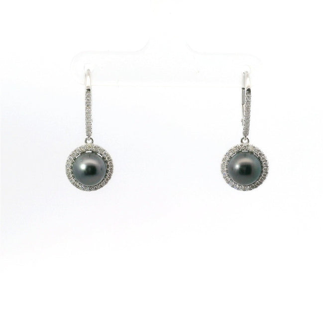 14K White Gold Diamond & 8MM Round Tahitian Pearl Drop Hoop Earrings