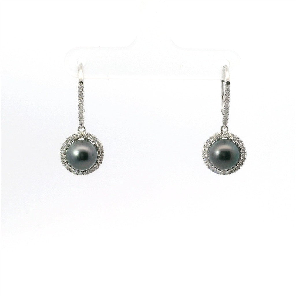 14K White Gold Diamond & 8MM Round Tahitian Pearl Drop Hoop Earrings