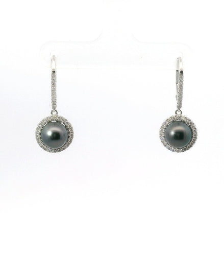 14K White Gold Diamond & 8MM Round Tahitian Pearl Drop Hoop Earrings