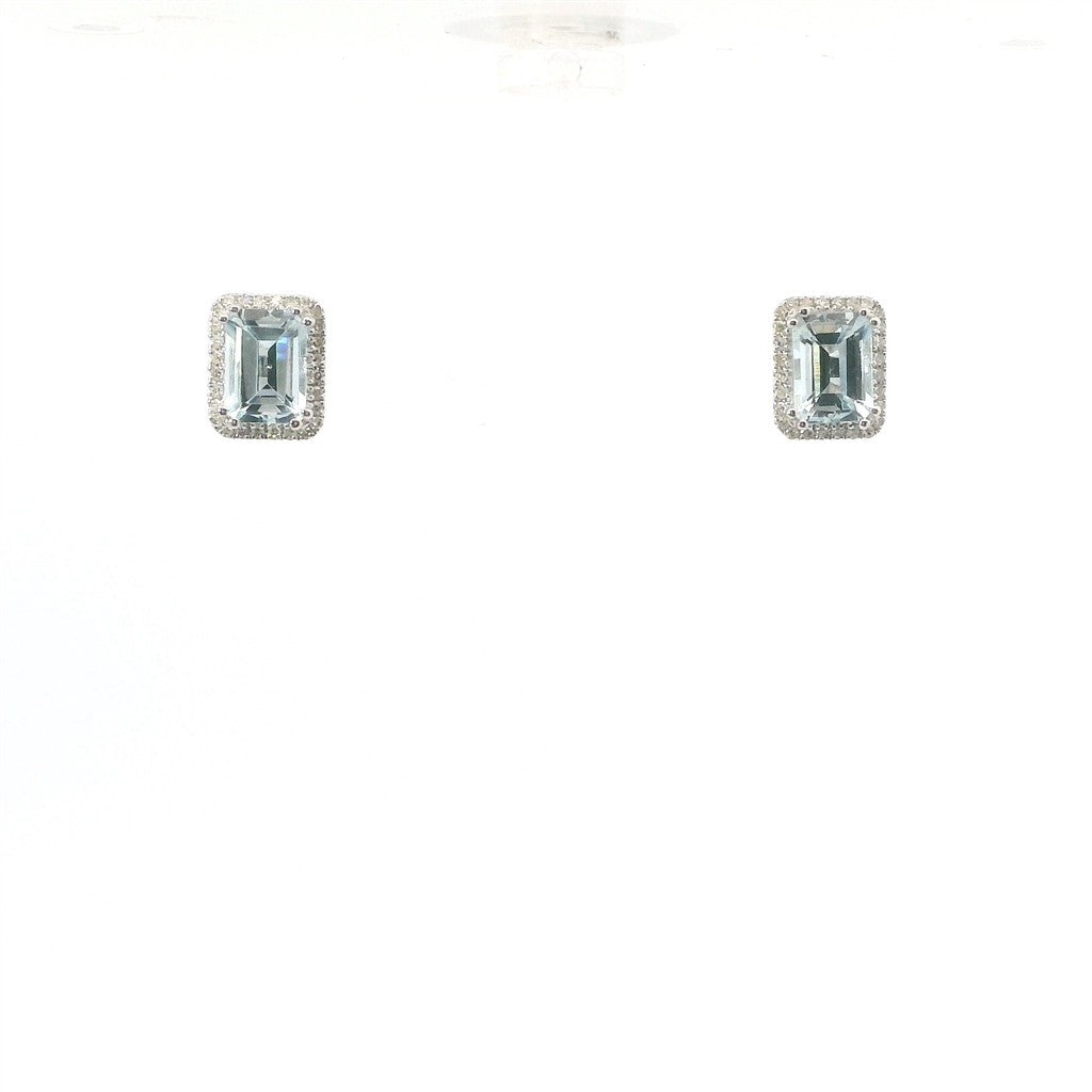 14K White Gold Diamond & Aquamarine Emerald Shaped Stud Earrings