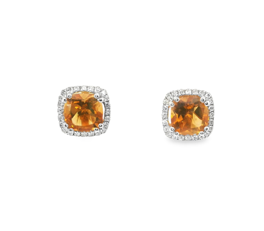 14K Gold Diamond And Citrine Halo Earrings