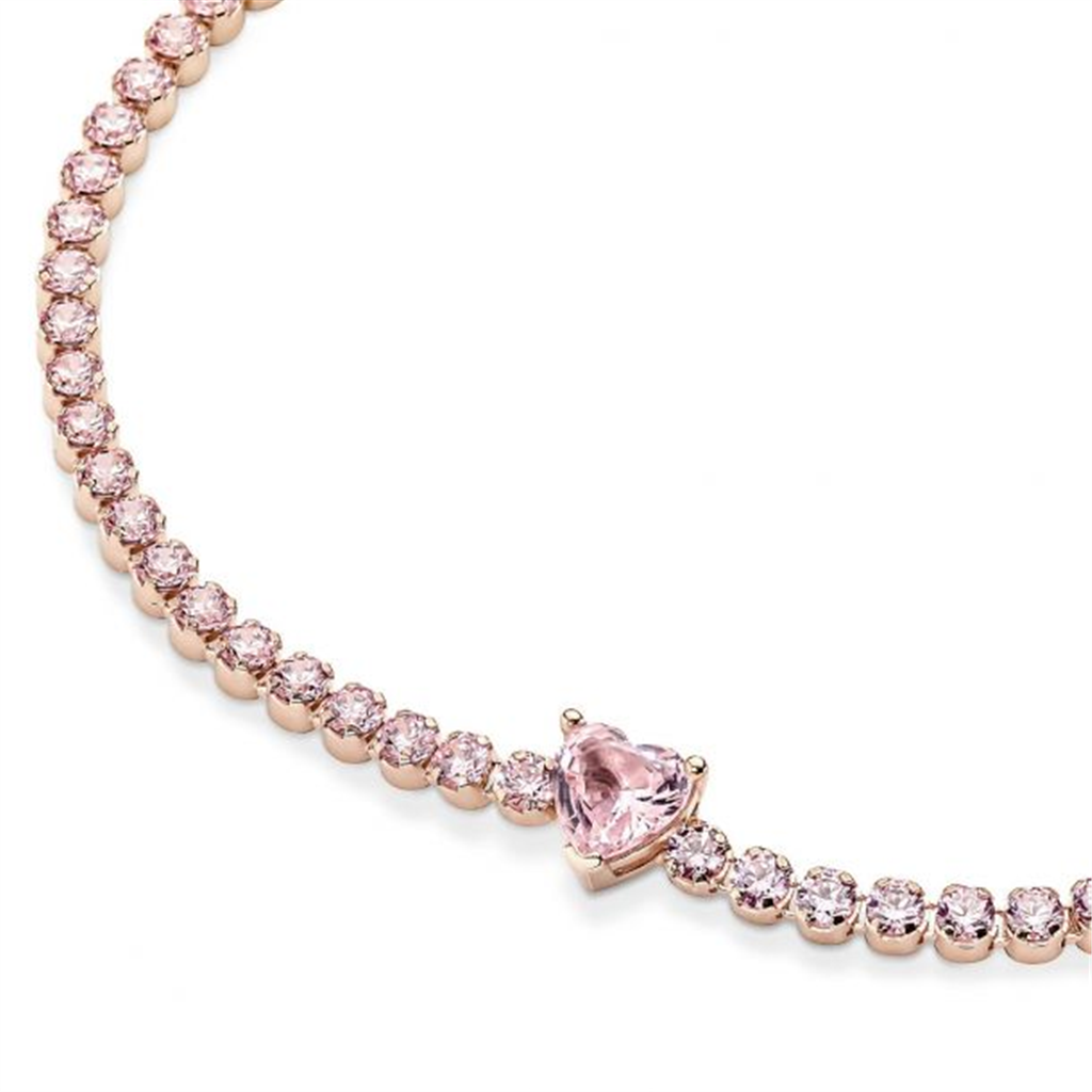 Pandora Timeless Pink Sparkling Heart Tennis Bracelet Size 18